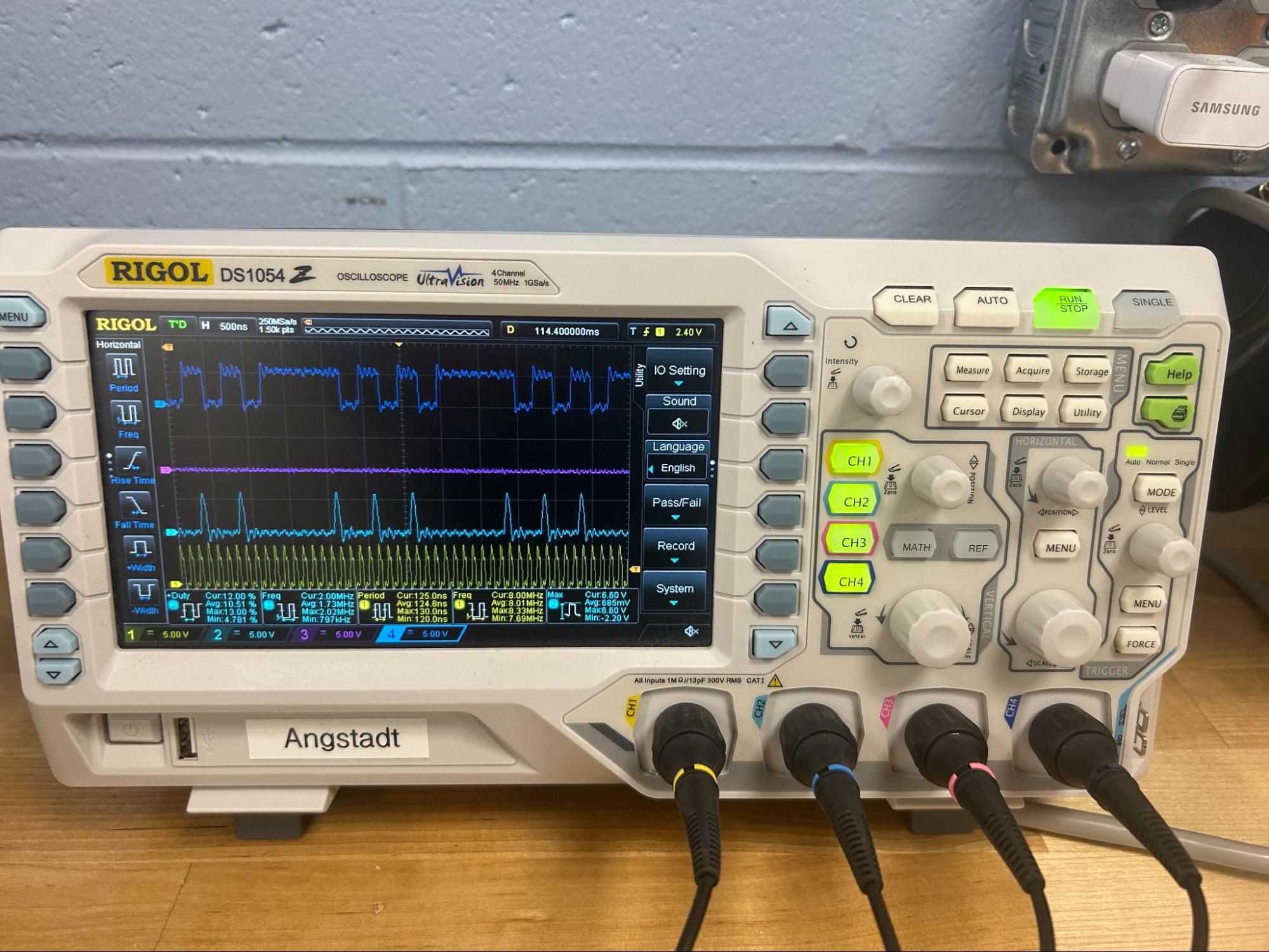 Oscilloscope output showing various signals during operation